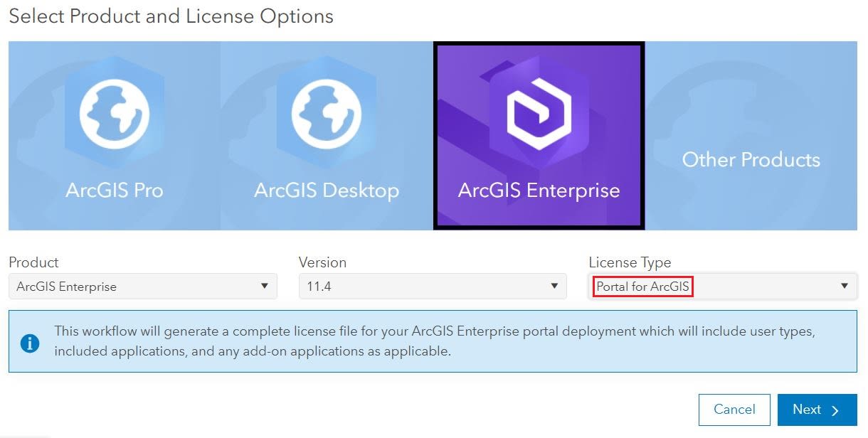 A screenshot of the License Esri Products page in My Esri. It includes a red bound box to highlight Portal for ArcGIS under the License Type drop-down.