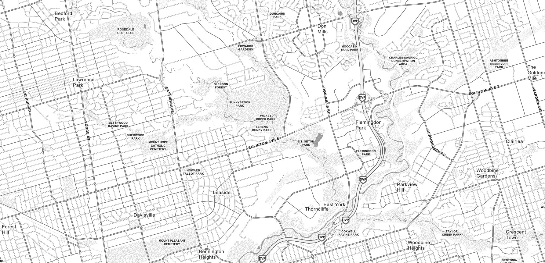 Une carte minimaliste en gris et blanc de Toronto, en Ontario, avec des couleurs et des textures très contrastées pour les entités, ainsi qu’une police de grande taille avec des halos pour les étiquettes.