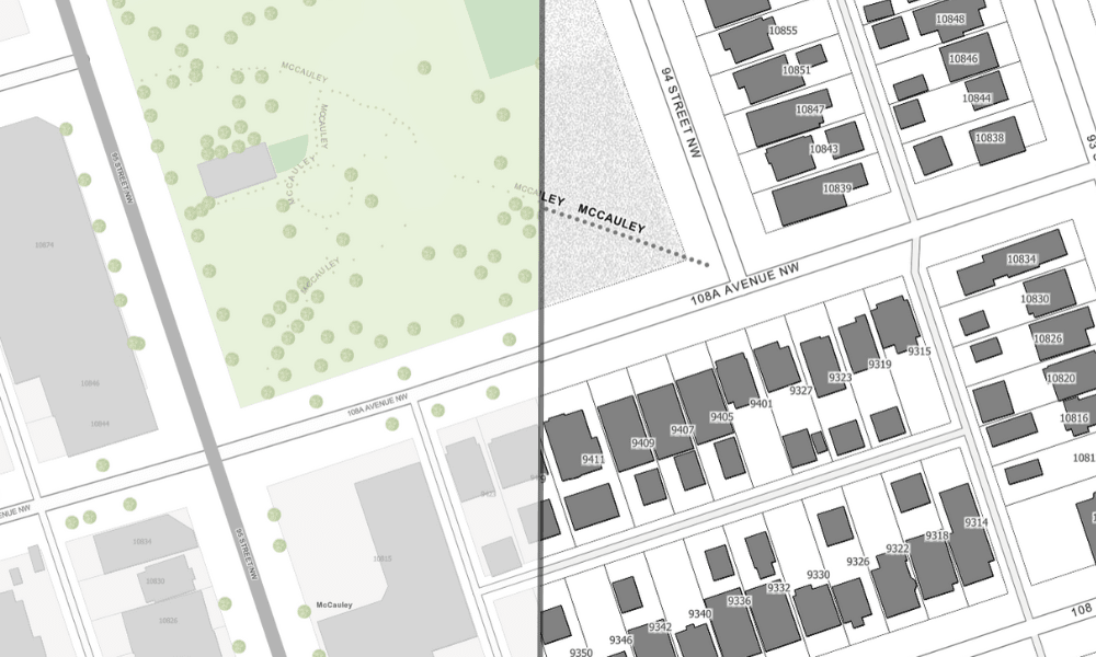 Comparaison côte à côte du fond de carte topographique (à gauche) avec le fond de carte de style Services publics (Neutre) (à droite) représentant la ville d’Edmonton, en Alberta.