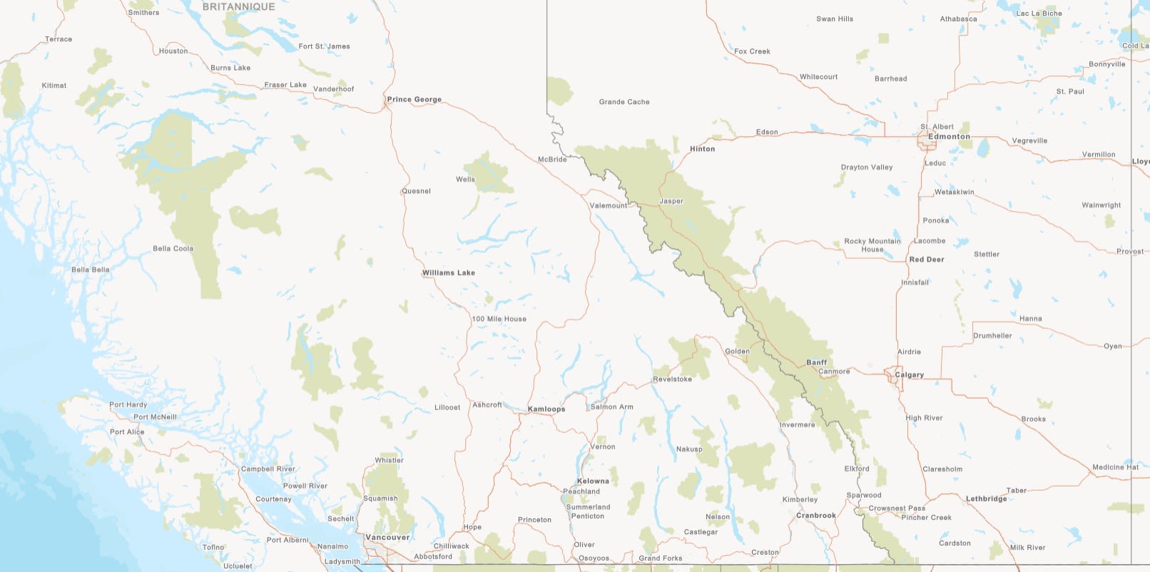 Carte simplifiée du sud de la Colombie-Britannique, utilisant une palette de couleurs neutres conçue pour la cartographie des services publics.