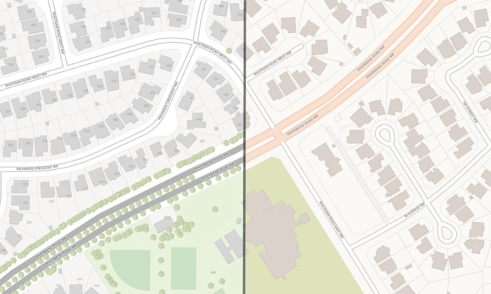 Comparaison côte à côte du fond de carte topographique (à gauche) avec le fond de carte de style Services publics (Neutre) (à droite) représentant la ville d’Edmonton, en Alberta.