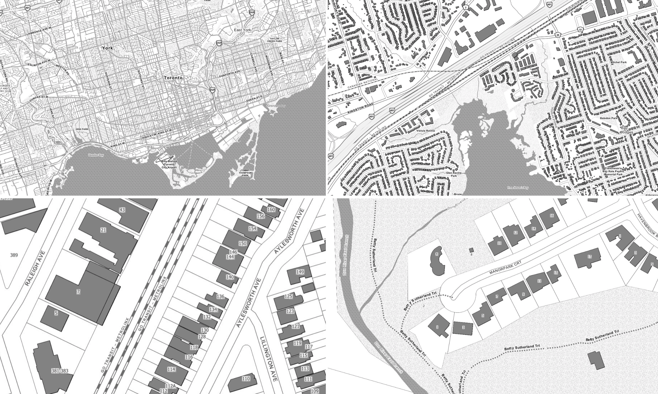Quatre illustrations d’un fond de carte minimaliste en gris et blanc représentant Toronto, en Ontario. Les images passent d’une vue d’ensemble de la ville à des vues de plus en plus rapprochées, révélant des informations plus détaillées sur les rues et les bâtiments à chaque niveau de zoom.