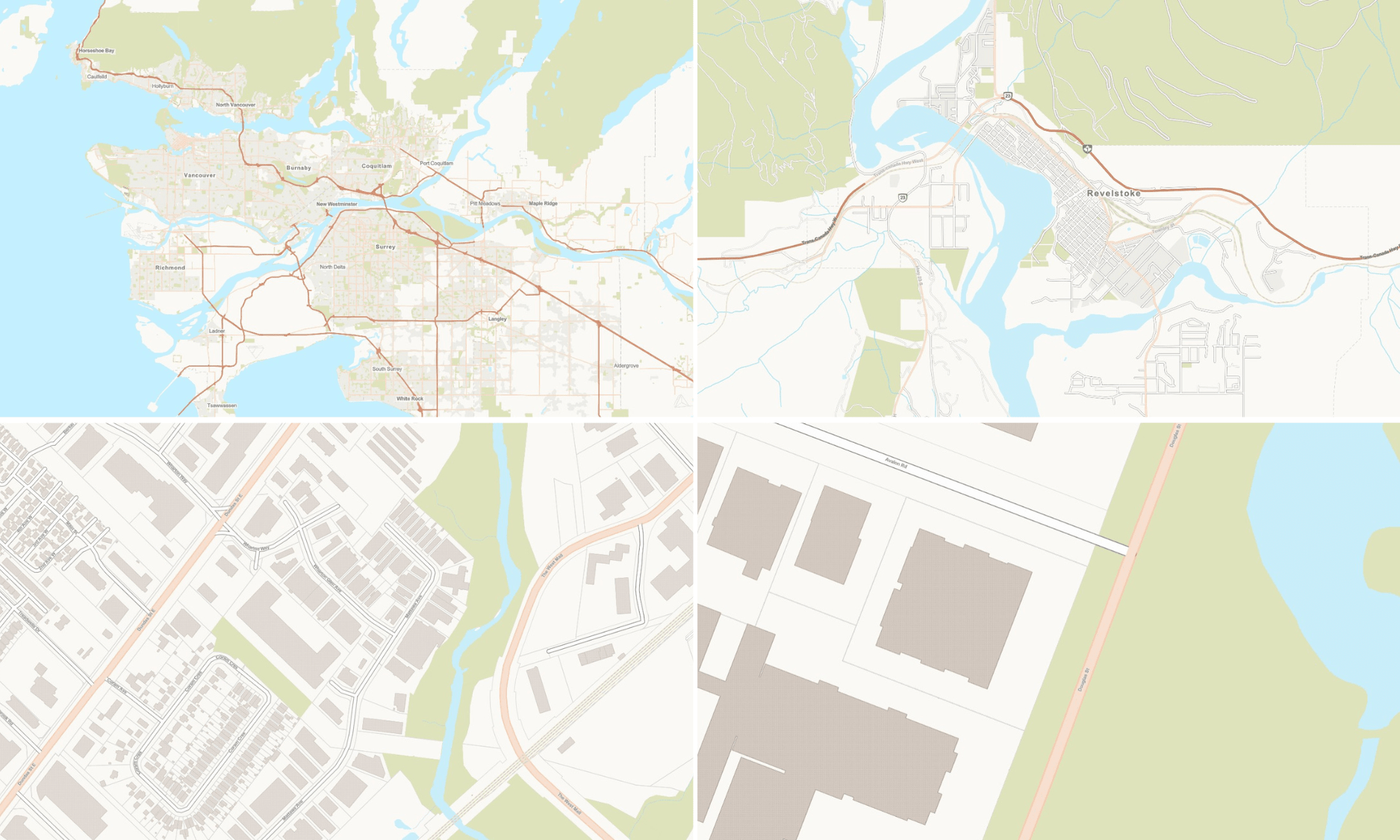 Quatre images illustrant un fond de carte simplifiée appliqué à différentes villes canadiennes. Les cartes utilisent une palette de couleurs neutres à faible saturation qui font ressortir les principales entités urbaines.