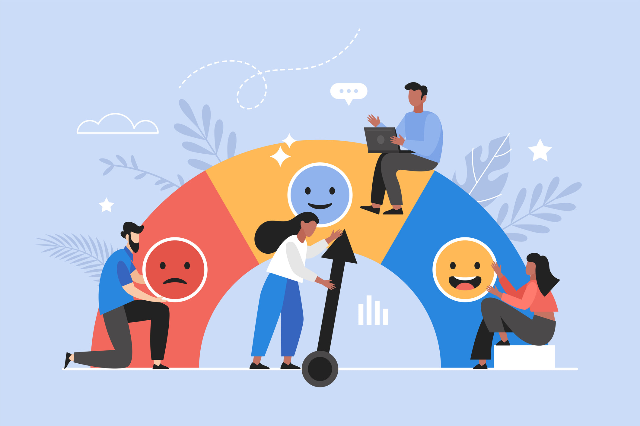 Graphique de personnes évaluant quelque chose avec une flèche sur un visage triste, neutre ou joyeux. 