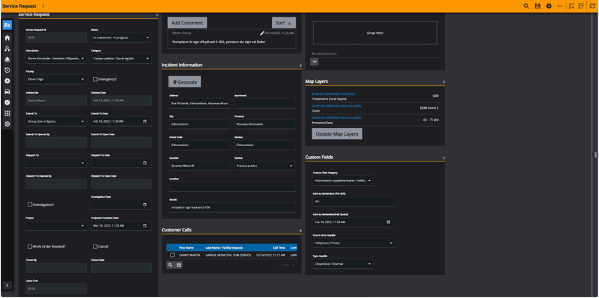 Screenshot of a digital service request form for a hydrant maintenance task, displaying incident details, customer calls and custom fields. The interface includes map layers showing water treatment and pressure zones, helping workers anticipate conditions and supporting new staff training.