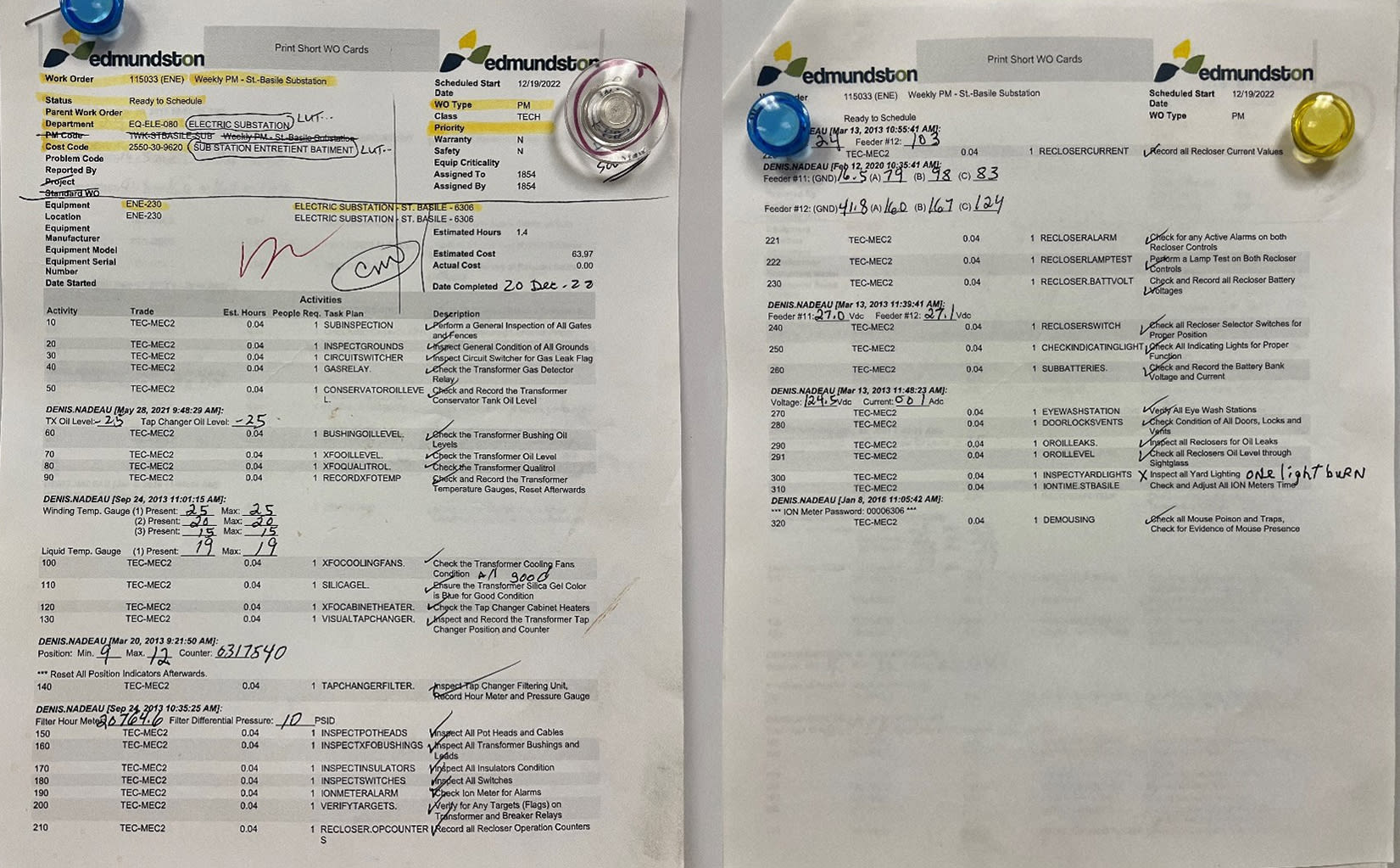 Two printed pages of paper listing the work orders for the City of Edmundston field team with activity descriptions, estimated hours and handwritten notes.