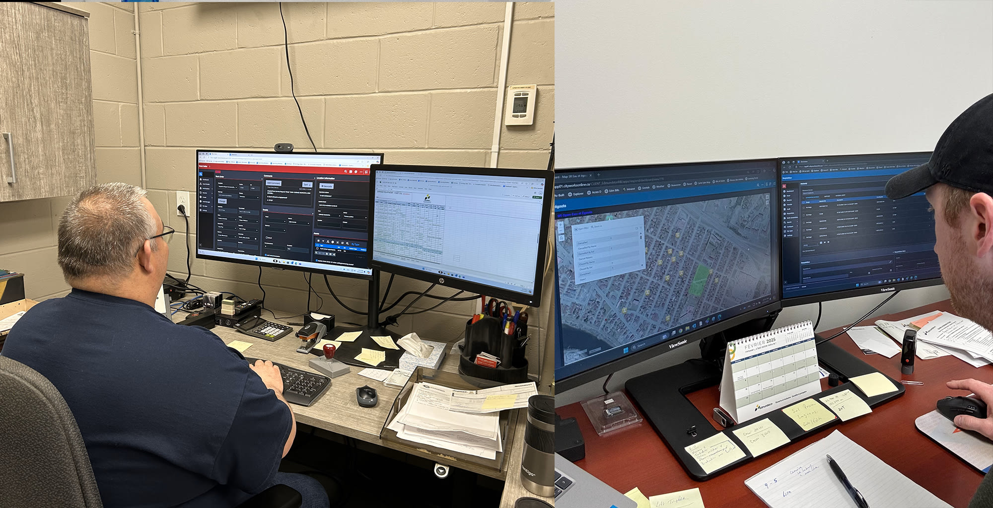 Edmundston public works team members at their desks looking at ArcGIS maps and dashboards on their computer monitors. 