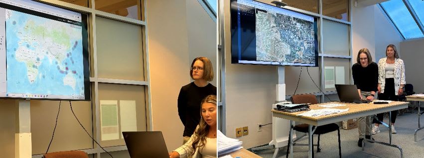 Images show two women presenting maps to a class.