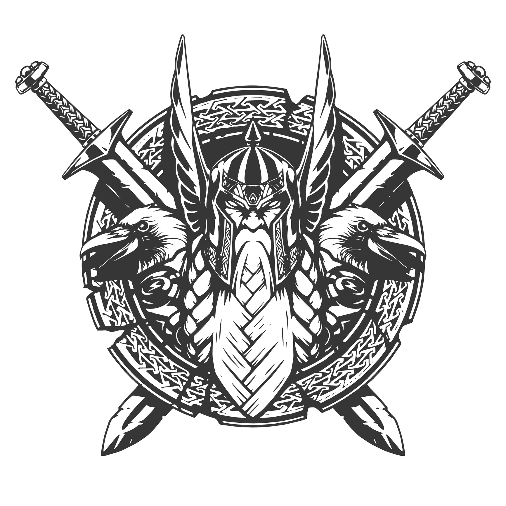 A bust of a dwarven warrior with a braided beard and a winged helmet. The dwarf is wearing two swords on his back. 