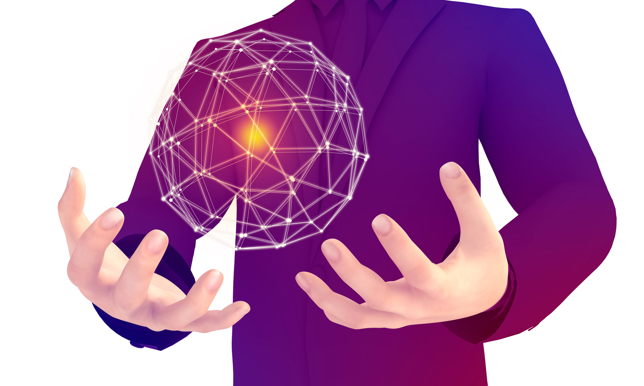 A man in a dark suit manipulates a floating wireframe orb.