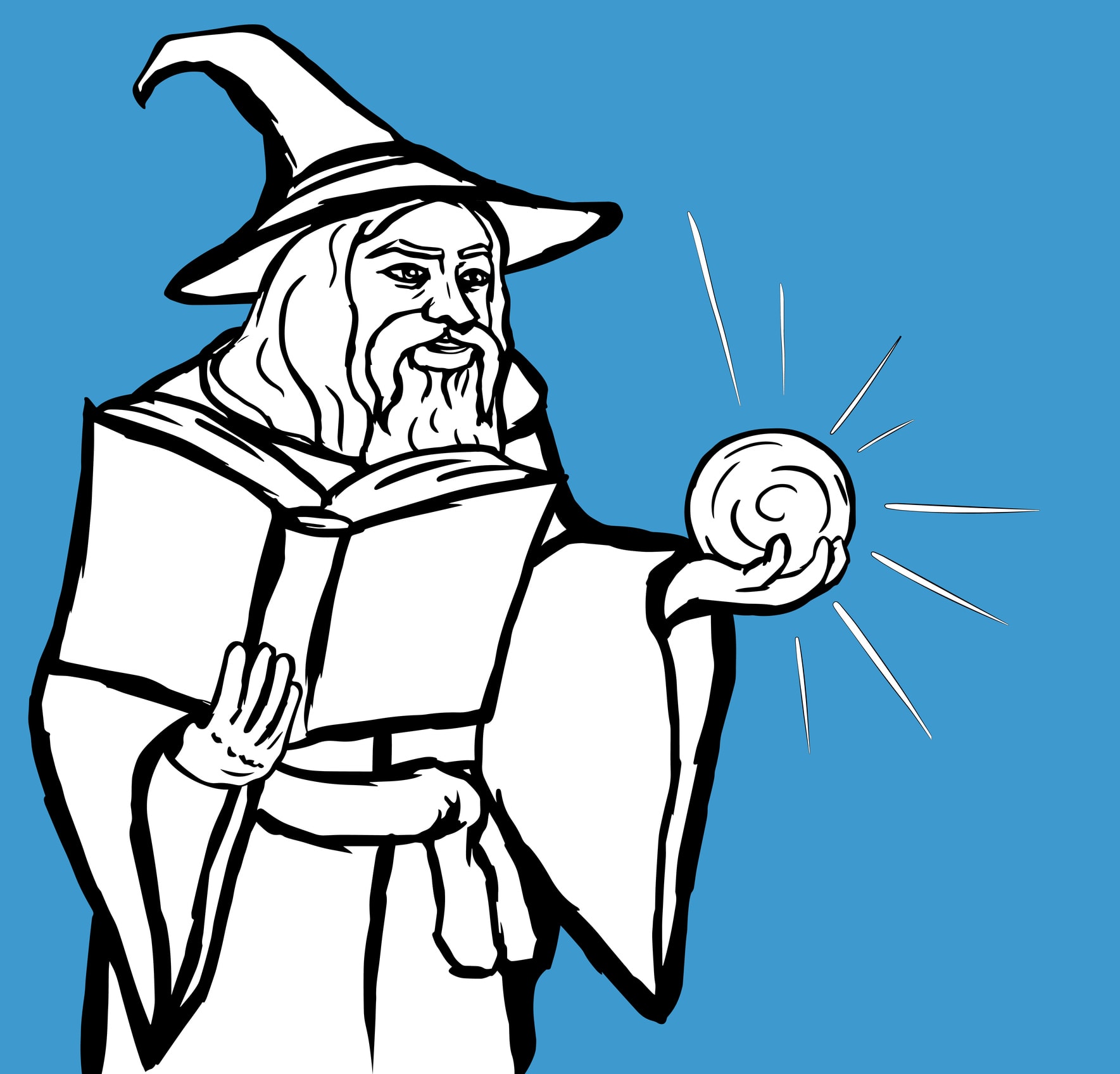 A cartoon wizard wearing a pointy hat holds a spellbook and an orb in front of him.