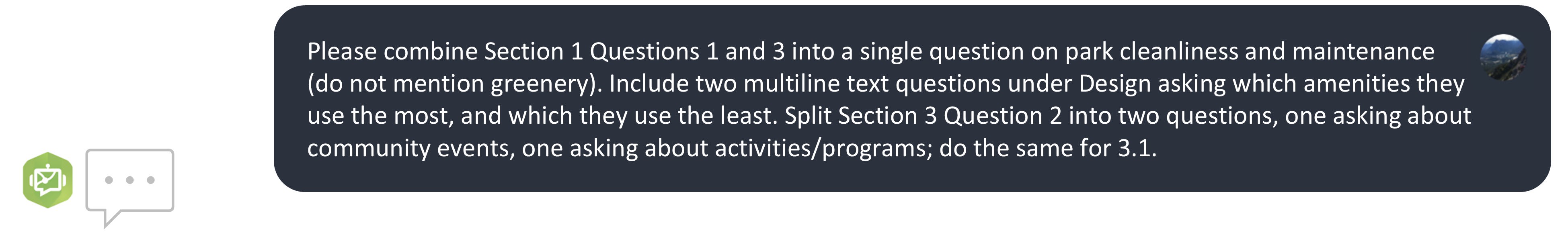 A graphic of a prompt asking the Survey123 AI assistant to revise the survey in several ways, including adding specific questions, combining two questions into one, and splitting questions into two separate ones.