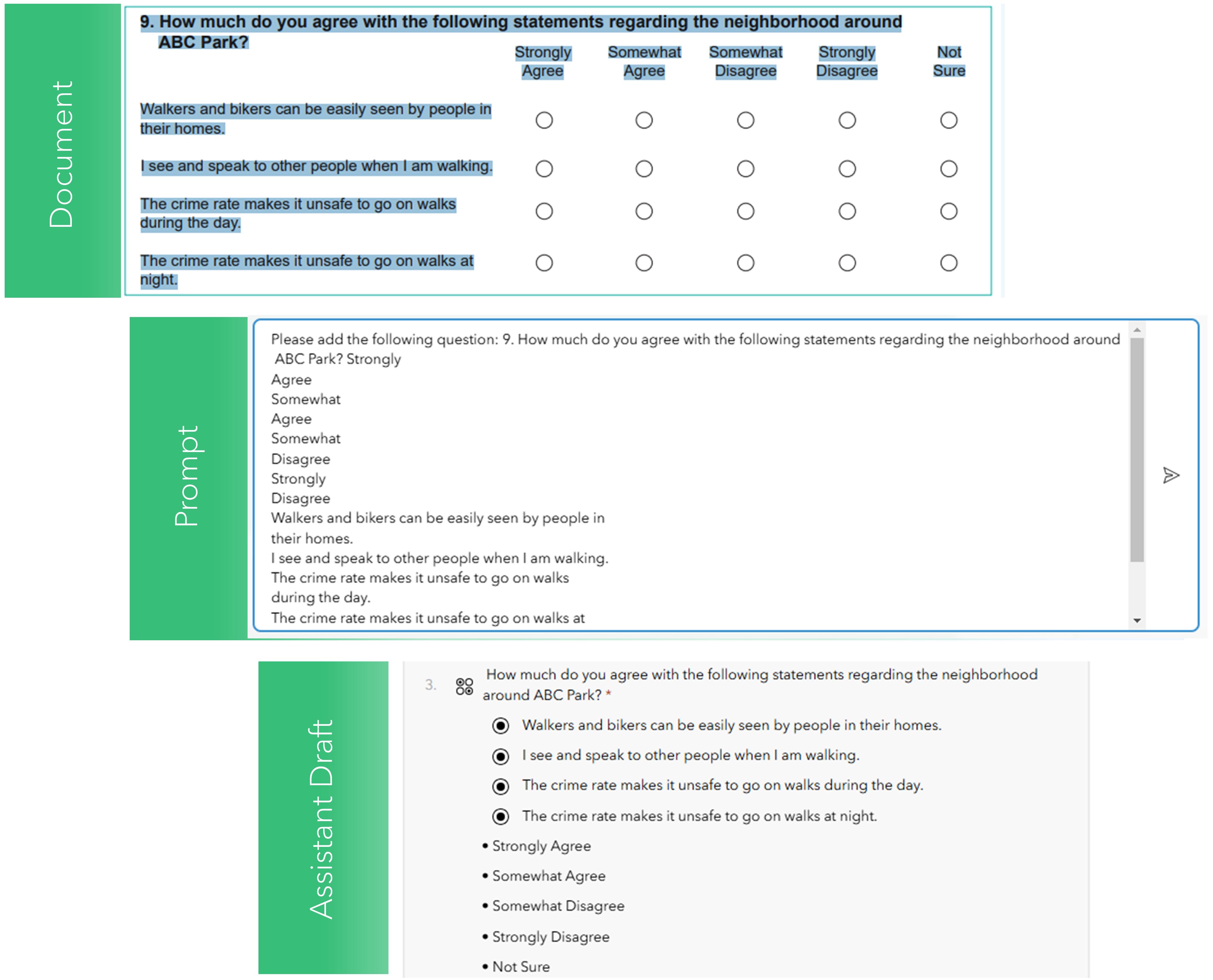 A series of screenshots showing: the selected (highlighted) sample question text from an online document that was copied; the text pasted into a prompt to the Survey123 AI assistant asking it to add the question to the current survey; and the question as seen in the assistant after generating the survey with an icon that indicates that it is a single-select grid type question.
