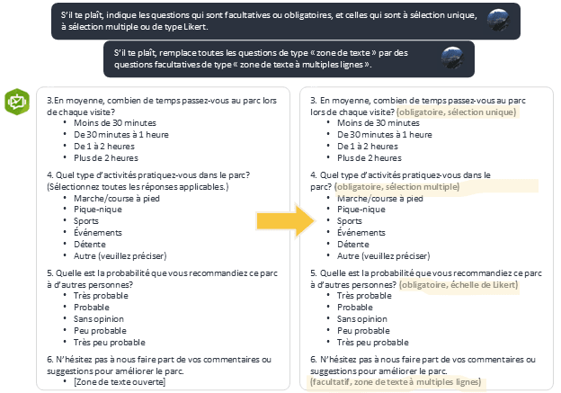 Image illustrant deux requêtes destinées à l’assistant IA de Survey123, lui demandant d’indiquer pour chaque question le type de question et si elle est facultative ou obligatoire, puis de rendre toutes les questions de type « zone de texte » facultatives et à multiples lignes. Sous les requêtes se trouve une comparaison avant-après de quatre questions de sondage, avec les questions de sondage initiales générées par l’assistant à gauche, et les mêmes questions avec une indication écrite du type de question entre parenthèses à droite.