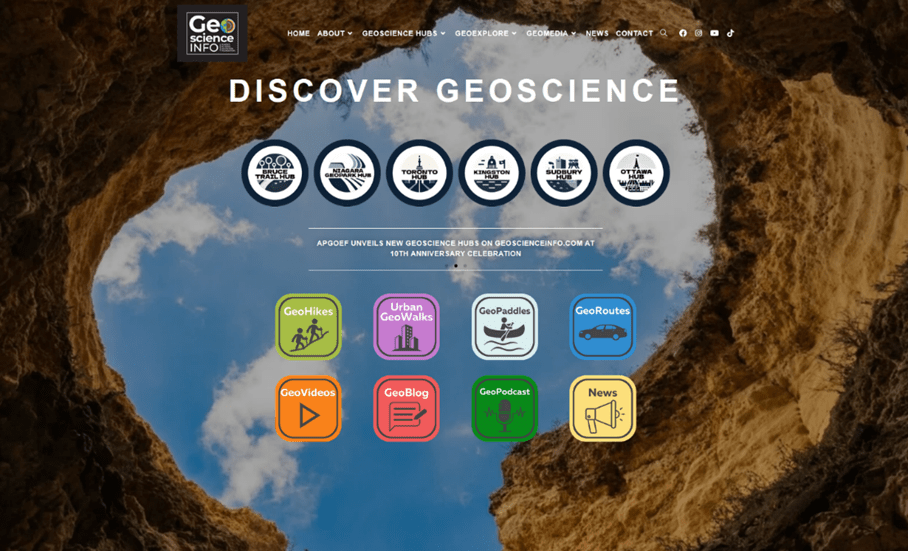 The front page of the Association of Professional Geoscientists of Ontario Education Foundation’s geoscienceinfo.com website, titled “Discover Geoscience”. Using various brightly coloured buttons on the page, visitors can access GeoHikes, Urban GeoWalks, GeoPaddles, GeoRoutes and more