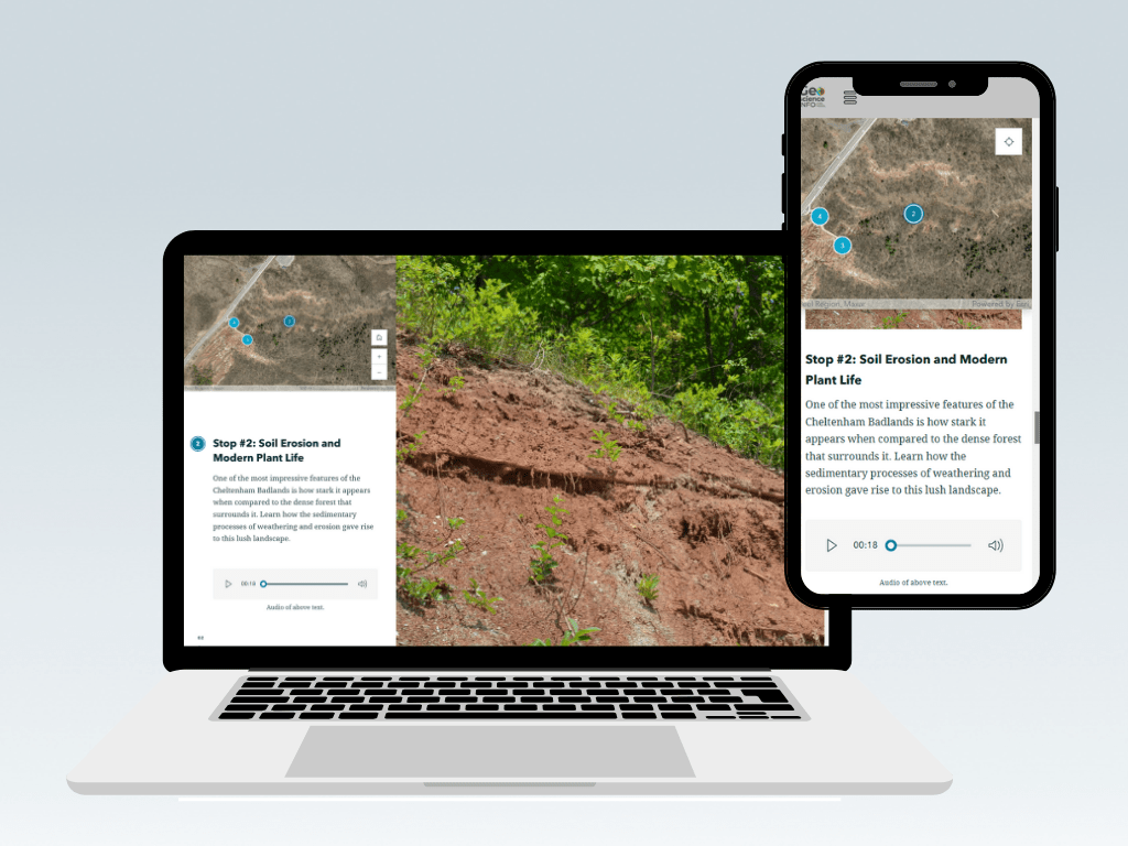 A laptop screen and a mobile device show two different views of the same ArcGIS StoryMaps story. The title of the section being shown on both screens is “Stop #2: Soil Erosion and Modern Plant Life”, which is shown alongside a photo of reddish soil. Accompanying the text and photo is an interactive map marked with each stop in the tour.