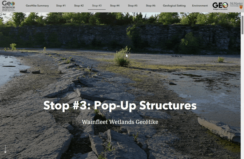 An ArcGIS StoryMaps story. On the left hand side of the screen is a sidecar containing narrative details about the geology of the Wainfleet Wetlands—specifically, a pop-up structure formed by compressive stress. A video panning over the pop-up structure, a formation of broken rocks converging at a low peak, is shown in the right-hand pane.