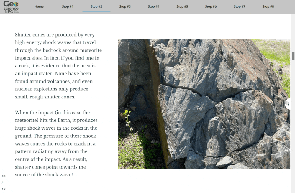 An ArcGIS StoryMaps story focused on the geology on Laurentian University’s main campus. At the current point in the story being focused on in the image, a reader is using the Swipe function to switch between two versions of a photo. One photo shows a large, cracked boulder. The second version is marked up to show the shatter cones in the boulder. A shatter cone is produced when high-energy shockwaves travel through the bedrock around meteorite impact sites.