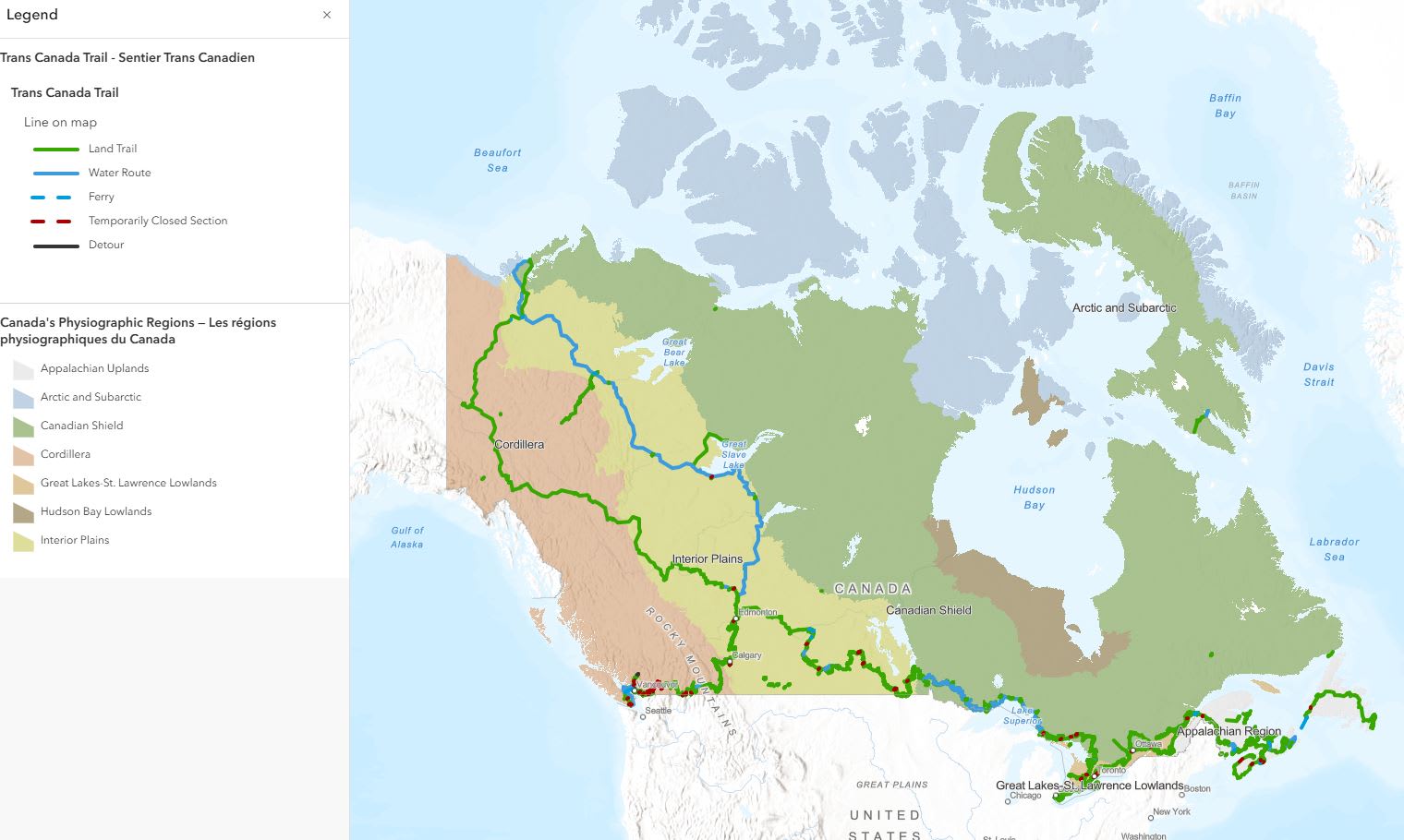 A digital map showing Canada’s landform regions and the Trans Canada Trail.