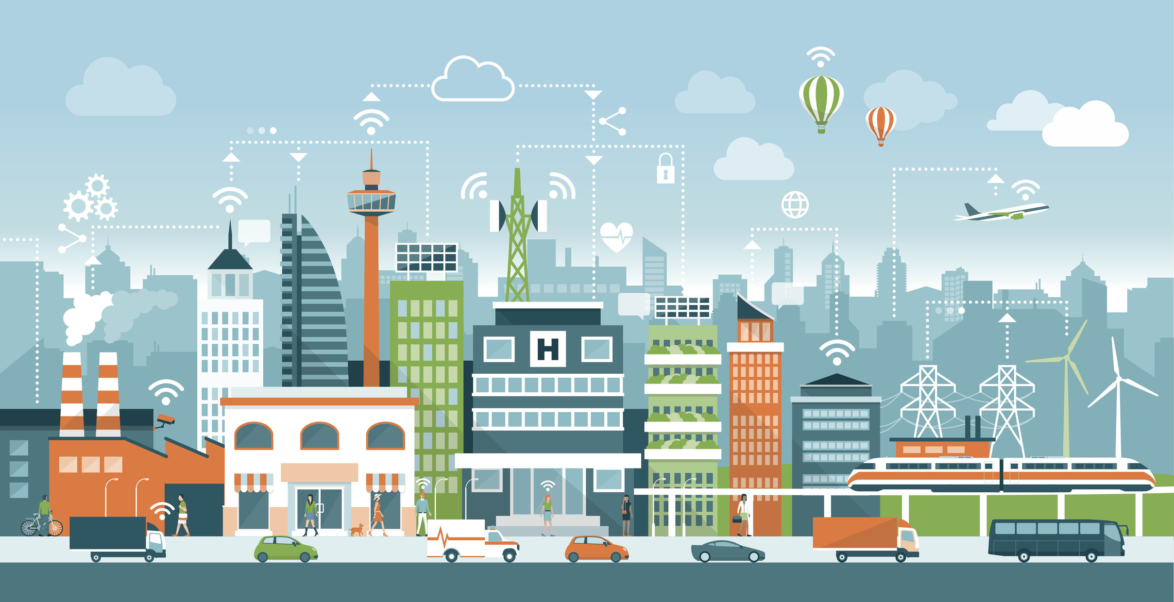 A stylized cityscape with internet icons.