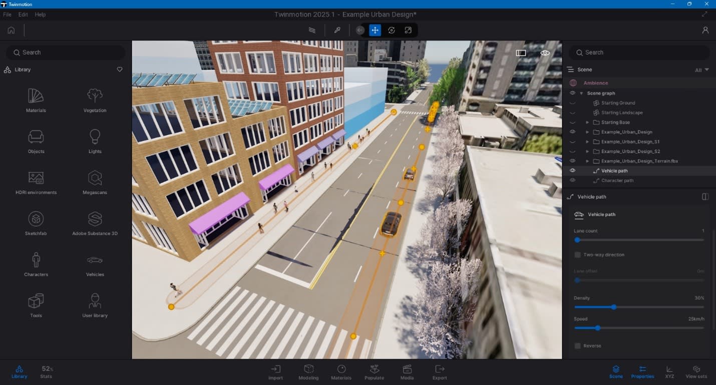 Populate your scene by placing assets and animated paths