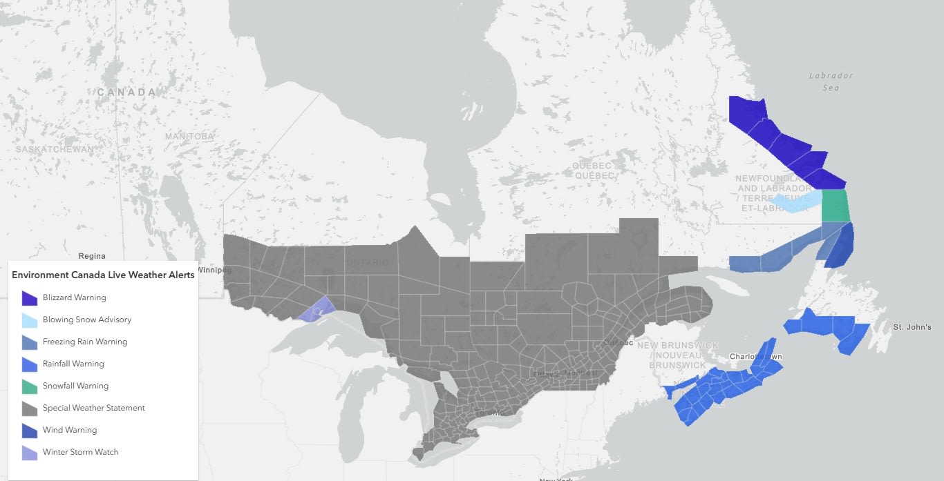 Environment Canada weather alerts for eastern Canada 