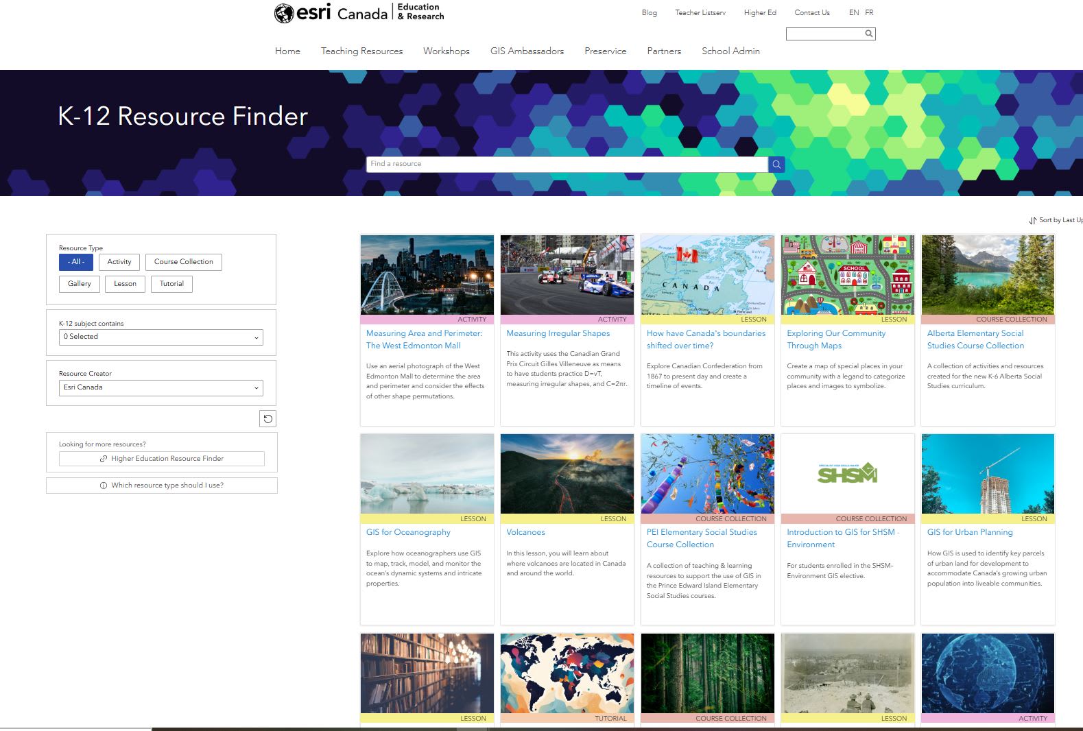  A screenshot shows a colourful group of thumbnails presenting resources in the K-12 Resource Finder.