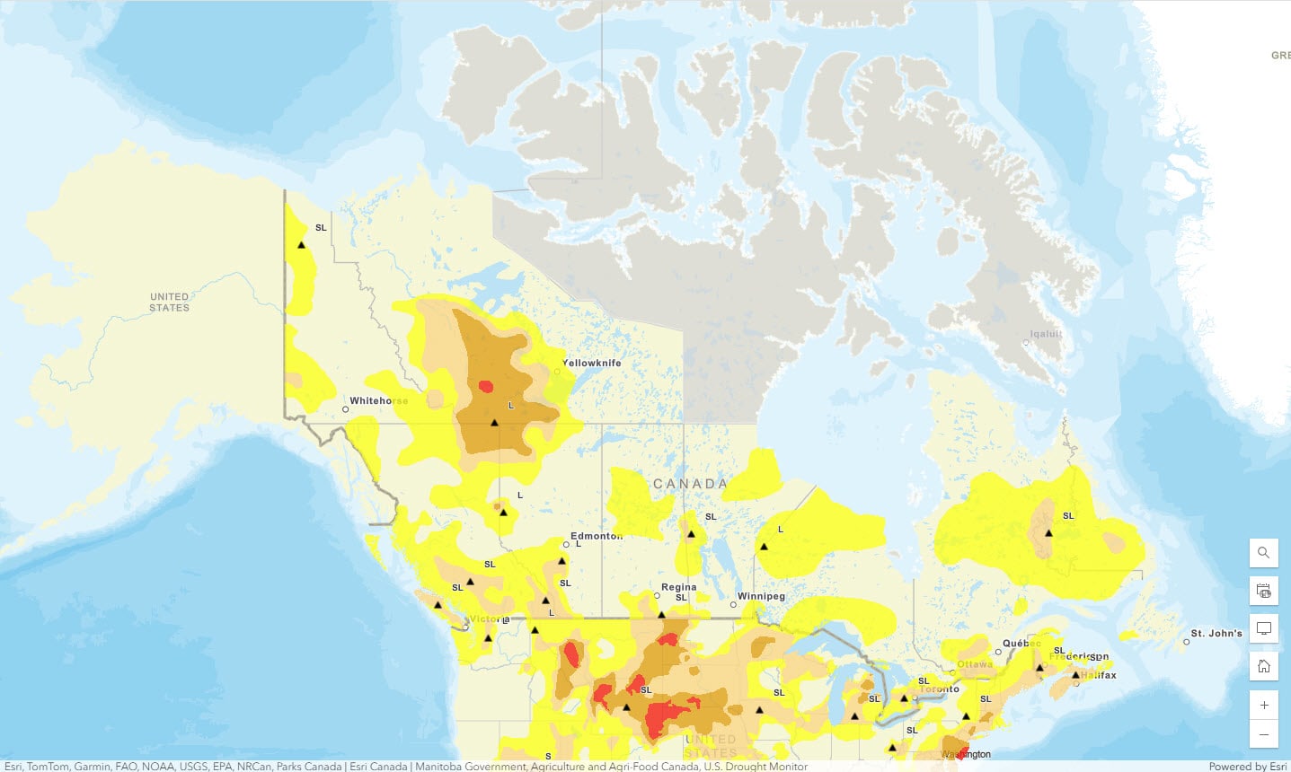Map of Canada and Northern U.S. showing areas of drought over the region.