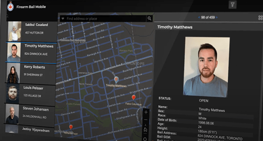 Firearm Bail dashboard displaying offender tracking with a color-coded status system.