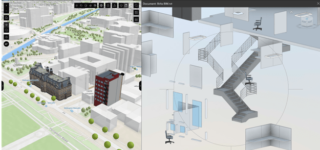 Screenshot showing a 3D city model on the left and a detailed multi-floor office building interior model on the right.