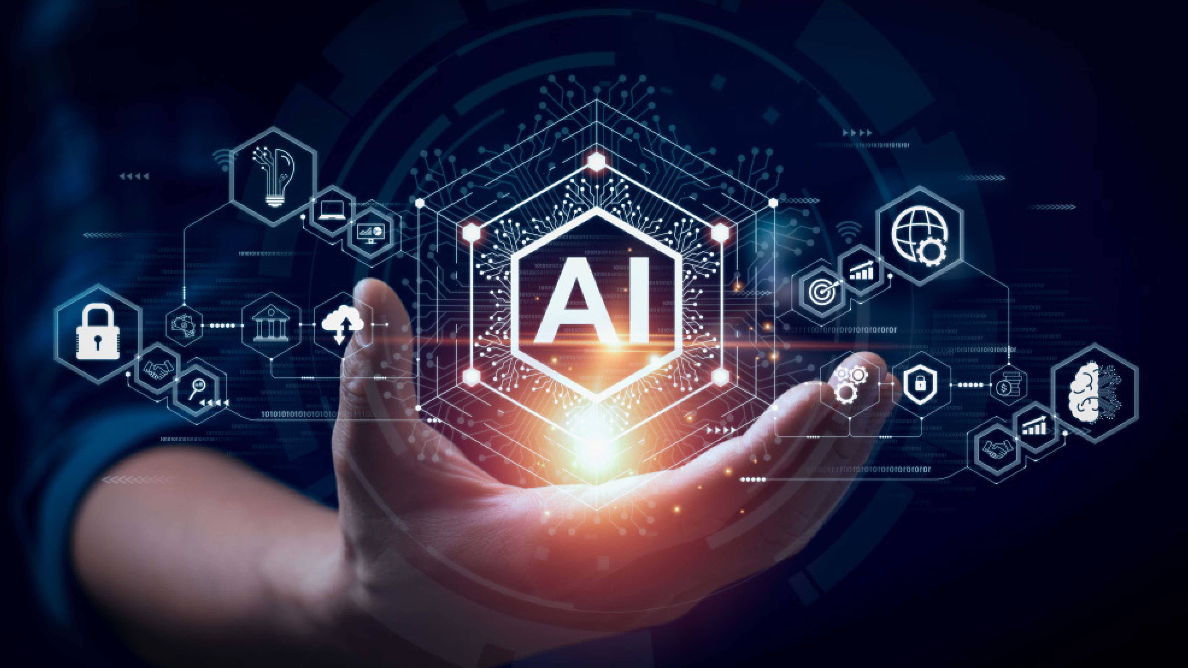 Hand holding glowing words that say AI