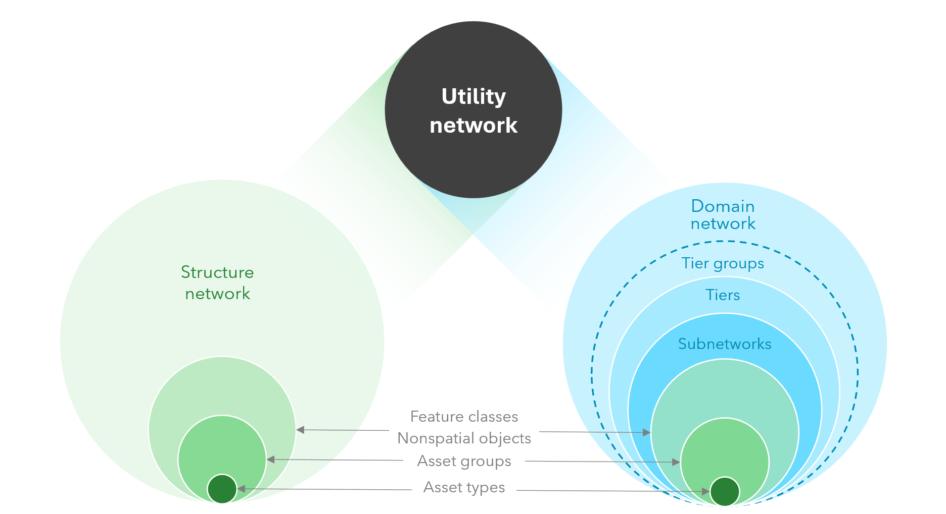 An image showing the relationship of a utility network to the structure network and the domain network. A circle at the top of the image contains the words “utility network”, and this circle is connected to a set of nested circles on the left called “Structure network” and a second set of nested circles on the right called “Domain network”. The “Structure network” circle contains a circle called “Feature classes Nonspatial objects”, which contains a circle called “Asset groups”, which contains a circle called “Asset types”. The “Domain network” circle contains a circle called “Tiers”, which contains a circle called “Subnetworks”, which contains a circle called “Feature classes Nonspatial objects”, which contains a circle called “Asset groups”, which contains a circle called “Asset types”.