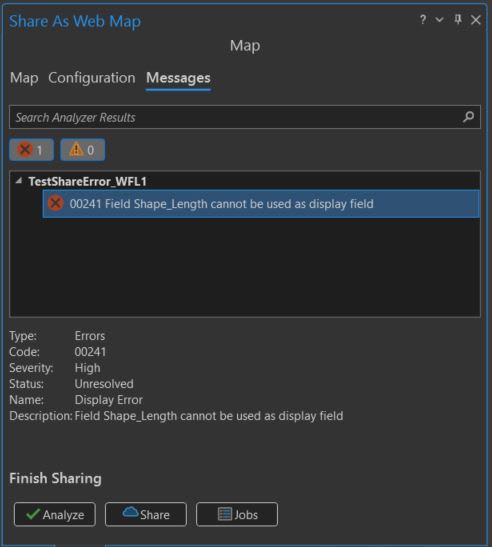 Capture d’écran d’ArcGIS Pro montrant une erreur fréquente lorsque le champ Shape_Length est utilisé comme champ d’affichage lors du partage d’une carte web.