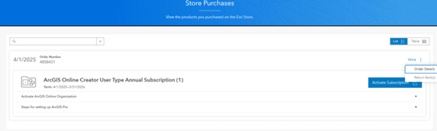 A screenshot of the Esri Canada Store landing page for a user with an ArcGIS Online Creator User Type. The user, who is hovering their cursor over their ArcGIS Online Creator User Type license, currently has a context menu open that allows them to select “Order Details” or “Return Item(s)”.