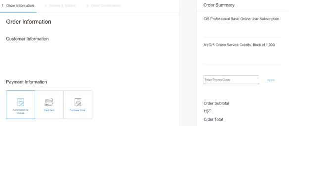 An e-commerce order page with two main sections: “Order Information” on the left, and “Order Summary” on the right. Of note is the “Payment Information” section on the bottom left, which includes options to pay by credit card or purchase order; there is also an option to authorize the payee (in this case Esri Canada) to issue the purchaser an invoice.