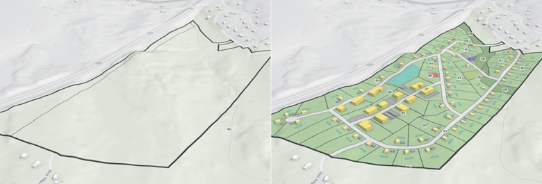 Two side-by-side ArcGIS Urban scenarios, one showing a vacant area of land, the second showing the same land filled in with a new residential subdivision