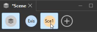 CityEngine user interface element with two coloured buttons. The button labelled “Sce1” is highlighted.