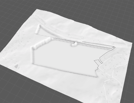 CityEngine view of study area containing two large parcels projected onto an elevation surface.