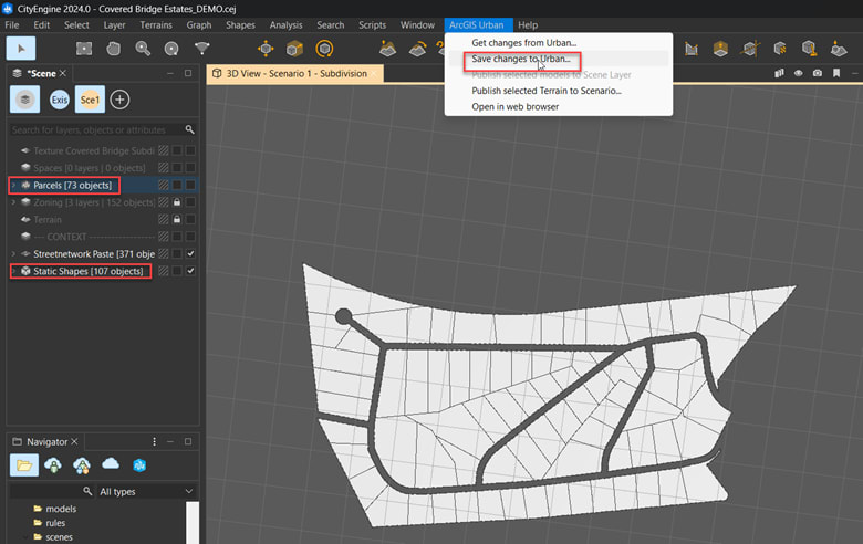 CityEngine interface with the Static Shapes and Parcels layers highlighted, and the ArcGIS Urban dropdown expanded with the Save changes to Urban option also highlighted.