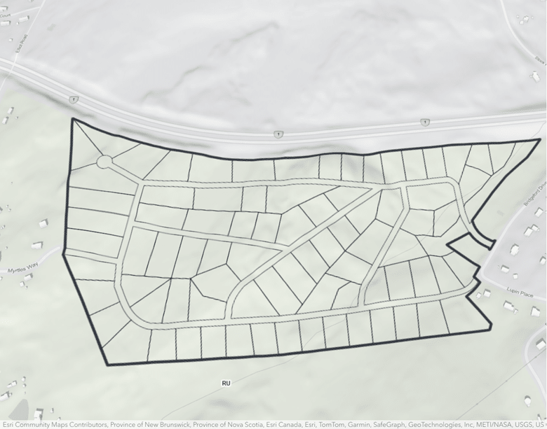 ArcGIS Urban scenario featuring the newly created parcel network, with no development yet created.