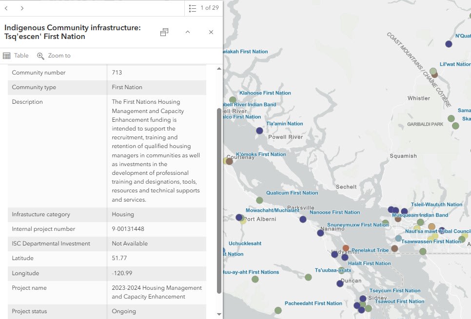 A map showcasing the Indigenous Community Infrastructure dataset in the Vancouver Island area.