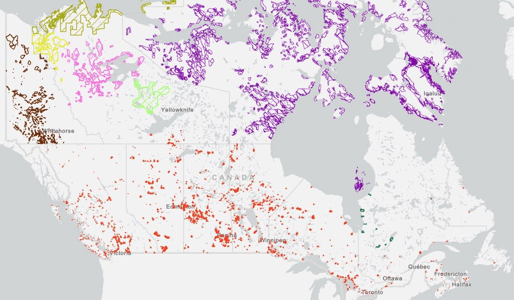 A map showcasing the Indigenous Lands of Canada dataset at a small scale. 