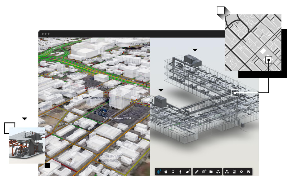 Technical image showing the integration of Esri GIS and Autodesk BIM platforms, illustrating data flow between design and geospatial systems to streamline AEC workflows