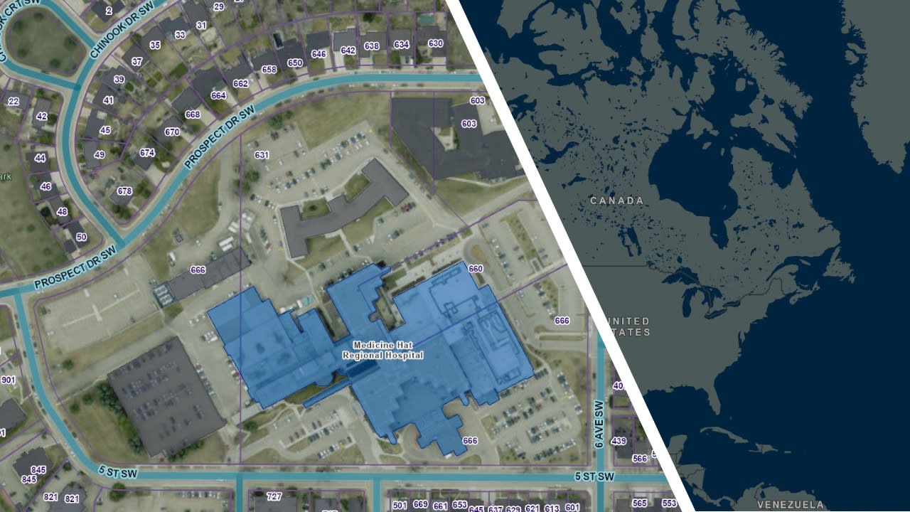This map showcases data at a smaller scale for regional context, alongside a ground-level view that highlights local details and features.