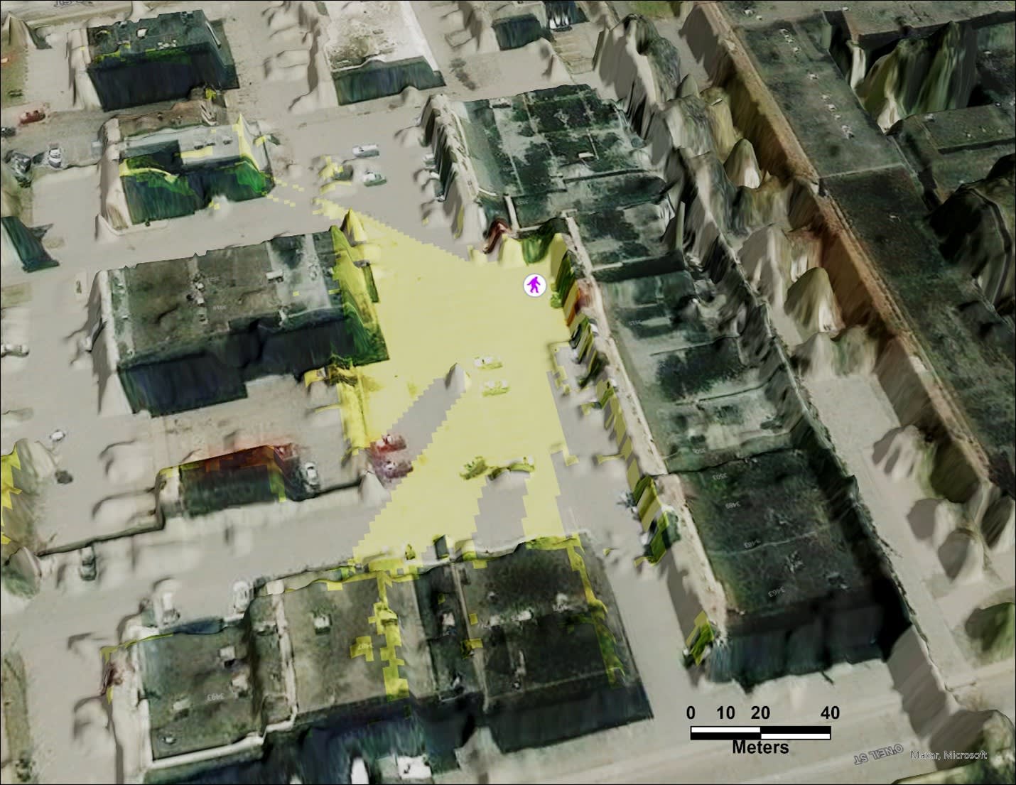 An example simple visibility analysis. A digital surface model (DSM) created using LiDAR shows a number of buildings in 3D. The visibility analysis depicts what a figure among the buildings can see, using a visualization resembling yellow rays of light that extend from the figure and stop whenever they hit an obstruction. In the case of this analysis, the figure is able to see west and south of its current position to a range of 40 to 80 metres, but that view will be partially obstructed by various objects and geographical features.
