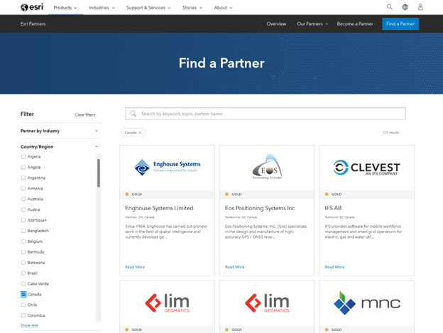 Screenshot of the “Find a Partner” page on Esri.com, which features a search bar as well as filters down the left-hand side of the page. The search has been filtered to show only Esri Partner Network members based in Canada, including Enghouse Systems Limited, Eos Positioning Systems Ltd., IFS AB, Lim Geomatics Inc., Lim Geomatics Inc. – A Remsoft Company, and MNC Ltd.