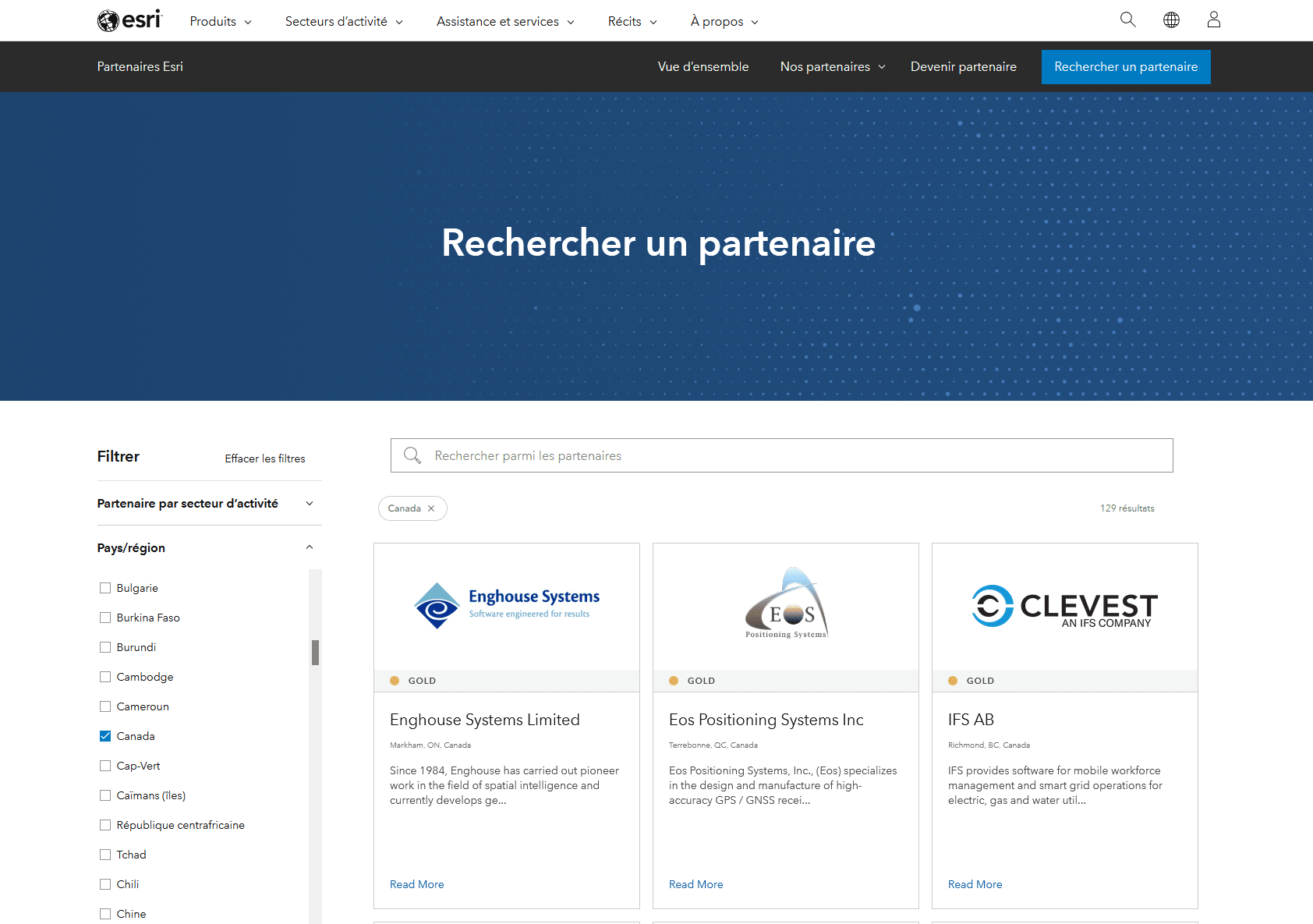 Capture d’écran de la page « Rechercher un partenaire » sur Esri.com, qui comprend une barre de recherche ainsi que des filtres situés dans la colonne de gauche. La recherche a été filtrée pour afficher uniquement les membres du réseau des partenaires d’Esri (EPN) établis au Canada, incluant Enghouse Systems Limited, Eos Positioning Systems Ltd., IFS AB, Lim Geomatics Inc., Lim Geomatics Inc. – Une société de Remsoft et MNC Ltd.