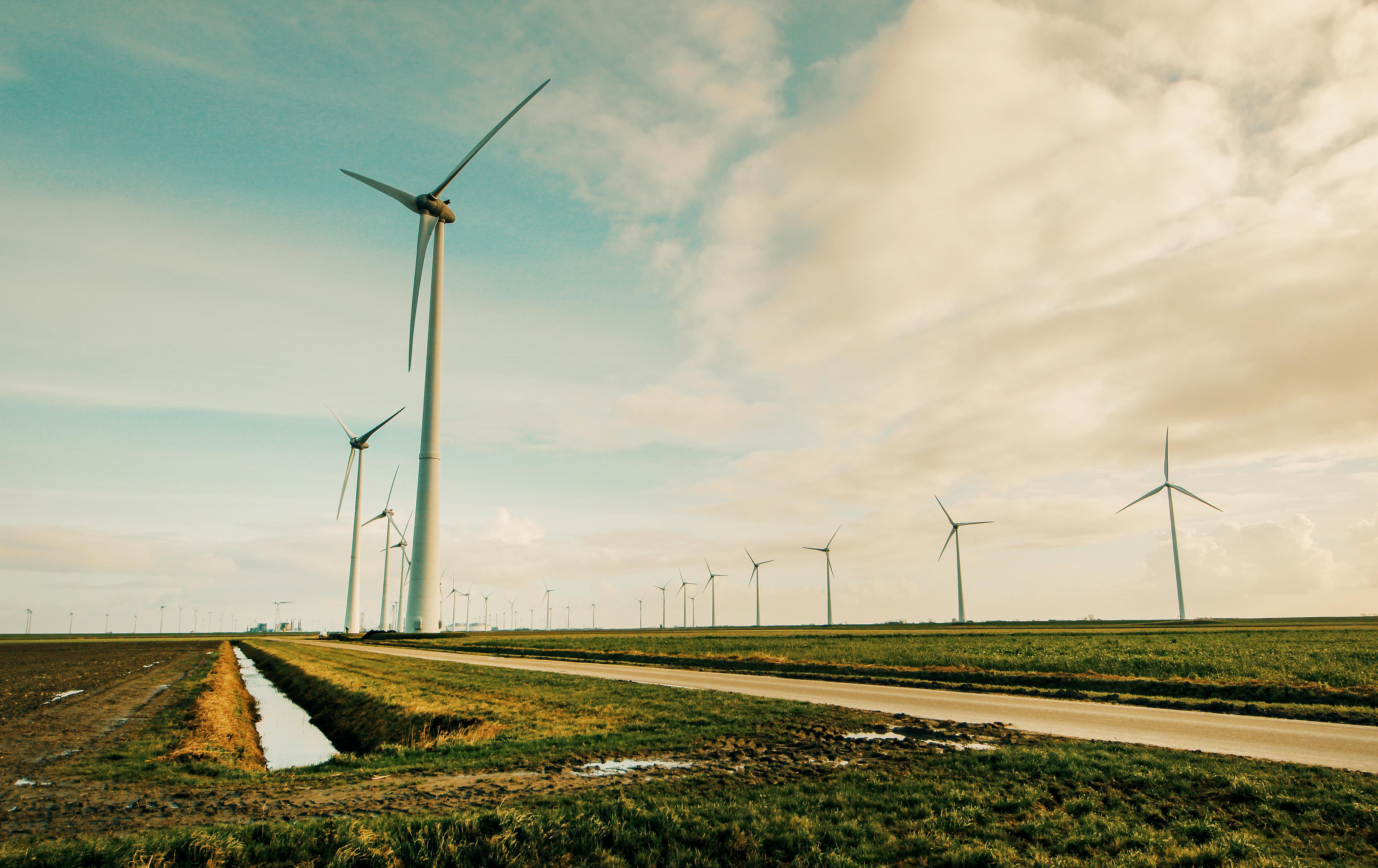 Row of wind turbines along a paved road with drainage ditch in agricultural landscape, demonstrating renewable energy infrastructure integrated with farmland.