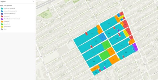 A map showing land use in a neighbourhood in Ottawa, Ontario.