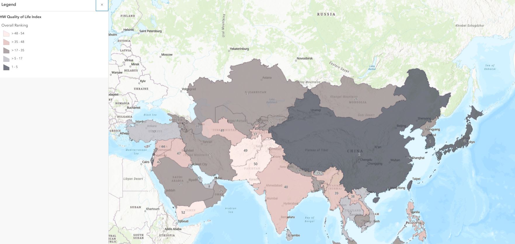 A choropleth map showing a quality of life index in the Middle East and Asia.